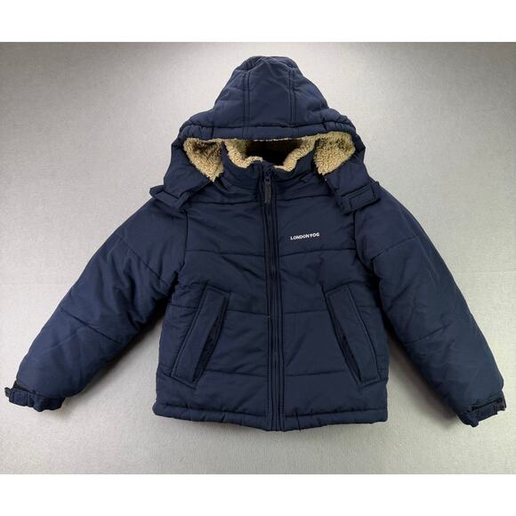 London Fog Kids’ Navy Blue Puffer Jacket with Faux Shearling Hood Size S/8 - Picture 1 of 12